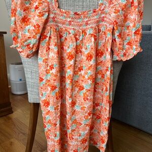 Something Navy Orange Puff Sleeve Smocked Dress